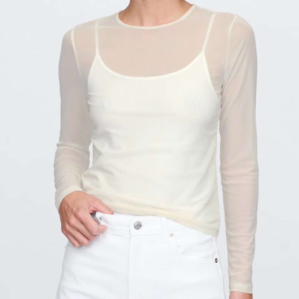 Sheer Mesh Cream Long Sleeve Top